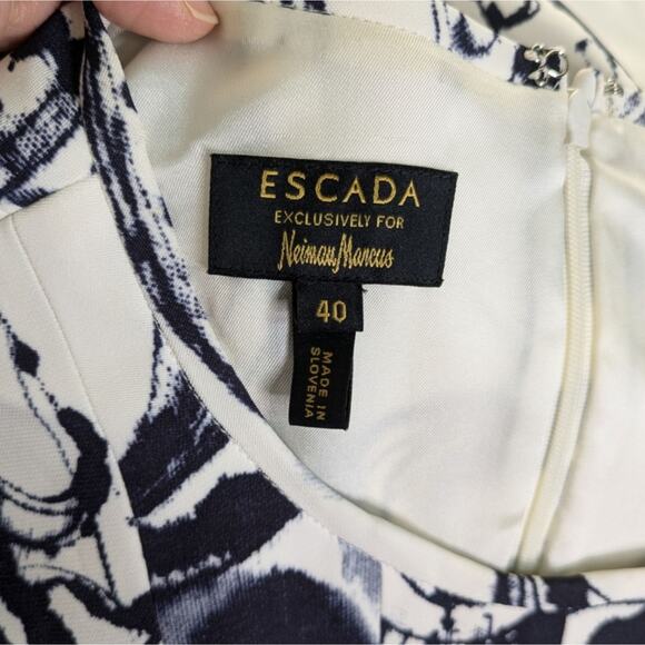 Escada Midi Dress Medium Abstract Paisley Blue Off-White Pleated Career Sleevele - Picture 8 of 12